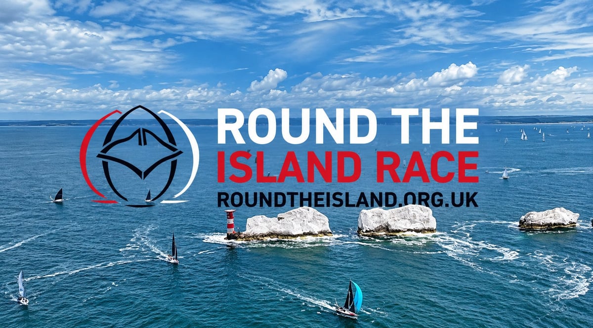 Round the Island Race logo and sailboats racing near rocky islands in blue waters with cloudy sky